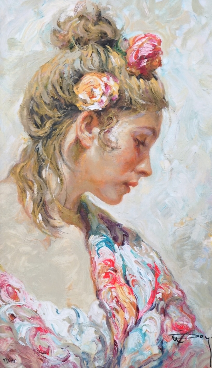 Royo (Spanish, b.1941), limited edition giclée print, Portrait of a lady, signed and numbered 41/195, 45 x 27cm, gilt framed